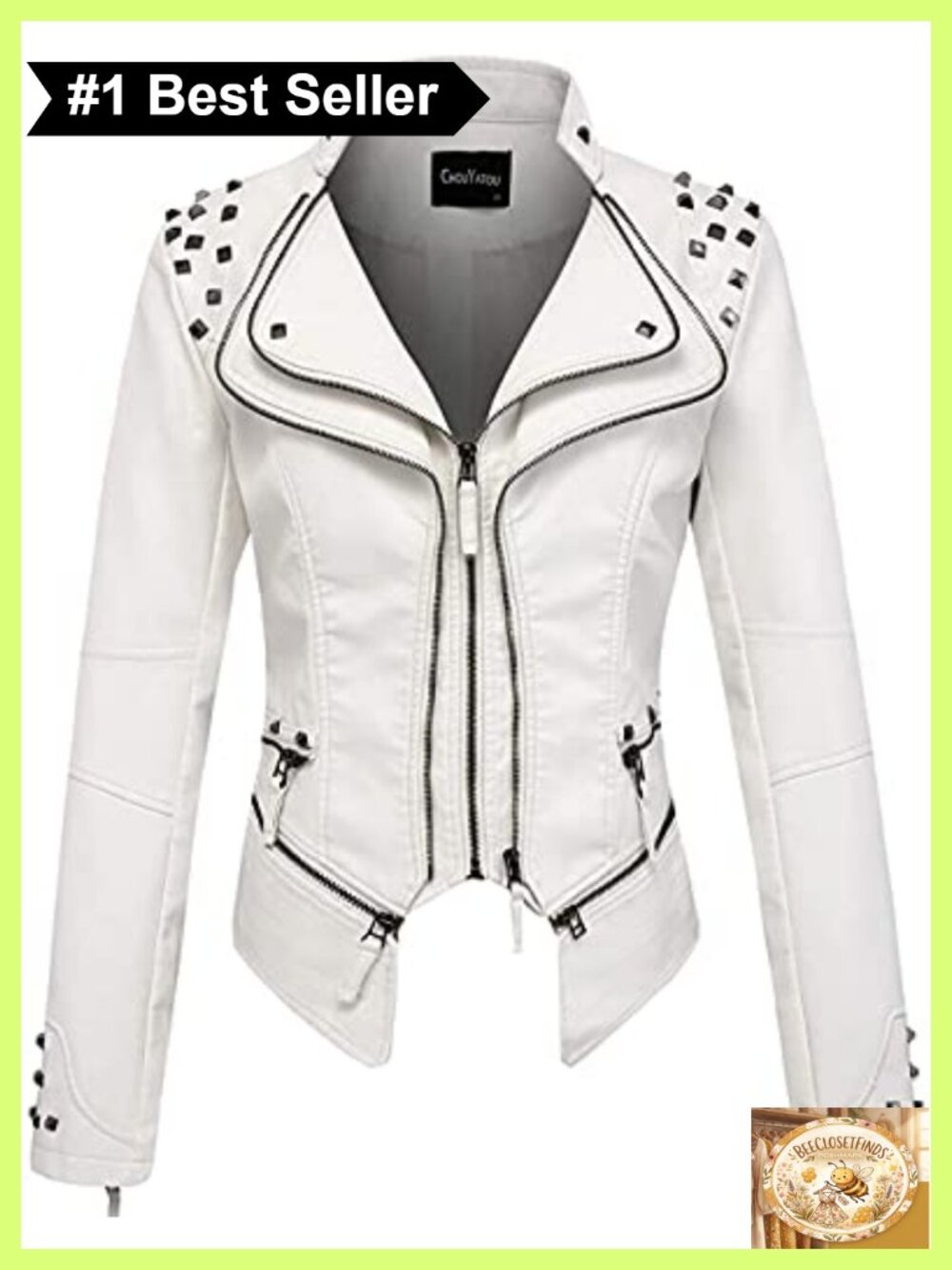 Faux Leather Biker Jacket Studded Moto Fitted Zip Up